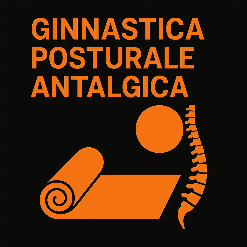 Immagine quadrata promozionale per un corso di ginnastica posturale antalgica, con sfondo nero e elementi grafici arancioni stilizzati: tappetino arrotolato, colonna vertebrale semplificata e cerchio. Testo in italiano in maiuscolo arancione al centro: "GINNASTICA POSTURALE ANTALGICA". Design moderno, senza figure umane.