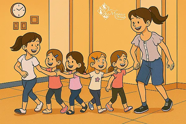 Insegnante di danza che guida un gruppo di bambini sorridenti durante una lezione di Gioco Hip Hop a Milano