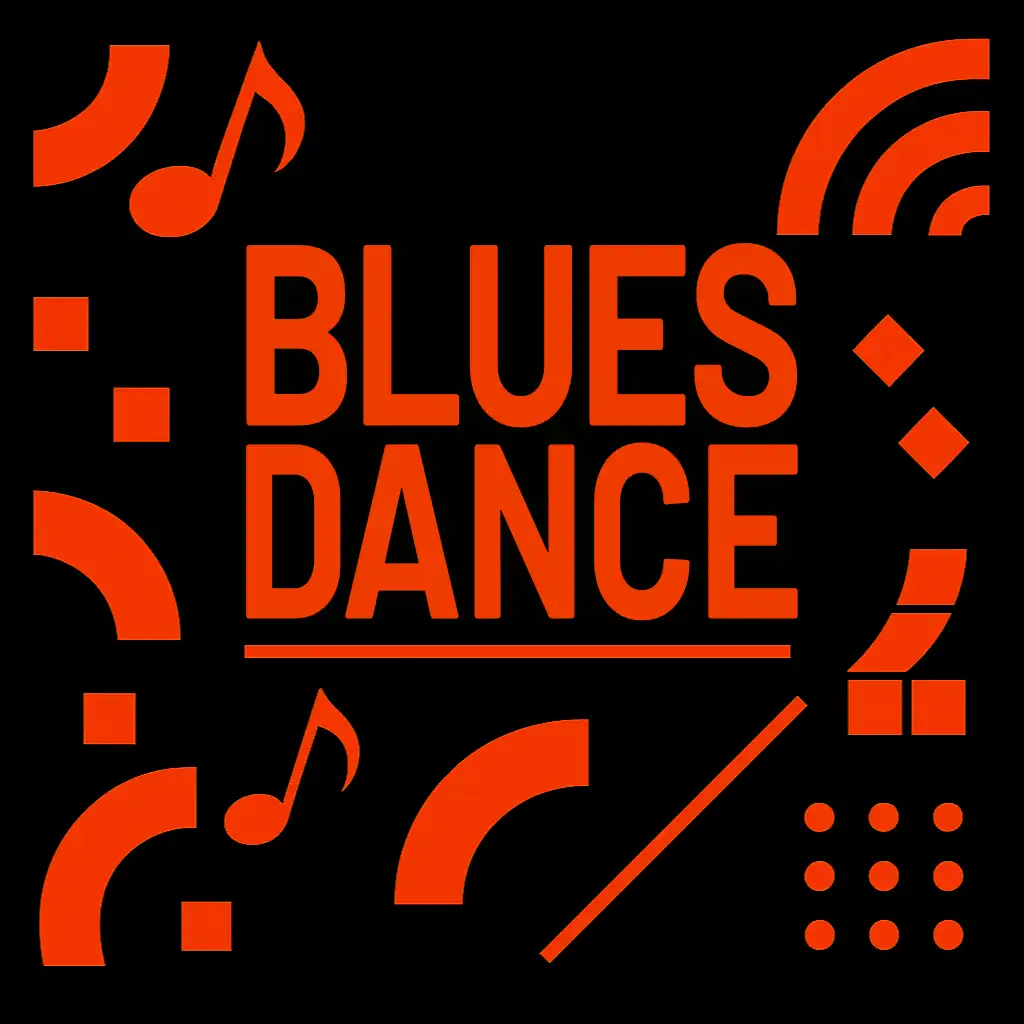 Immagine promozionale per la Blues Dance con sfondo nero e testo centrale Blues Dance in arancione brillante. Attorno al testo, elementi grafici astratti ispirati al logo de Il Mosaico Danza: forme geometriche stilizzate, motivi a griglia e curve concentriche che evocano l'idea di un mosaico in chiave digitale