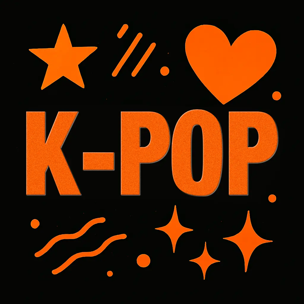 Grafica promozionale per il corso "K-Pop" con sfondo nero e accenti arancioni. La scritta "K-POP" è al centro, in caratteri bold e moderni, circondata da elementi grafici astratti come stelle, cuori e linee dinamiche. Lo stile richiama l'estetica pop digitale, con un tocco urbano e giovanile