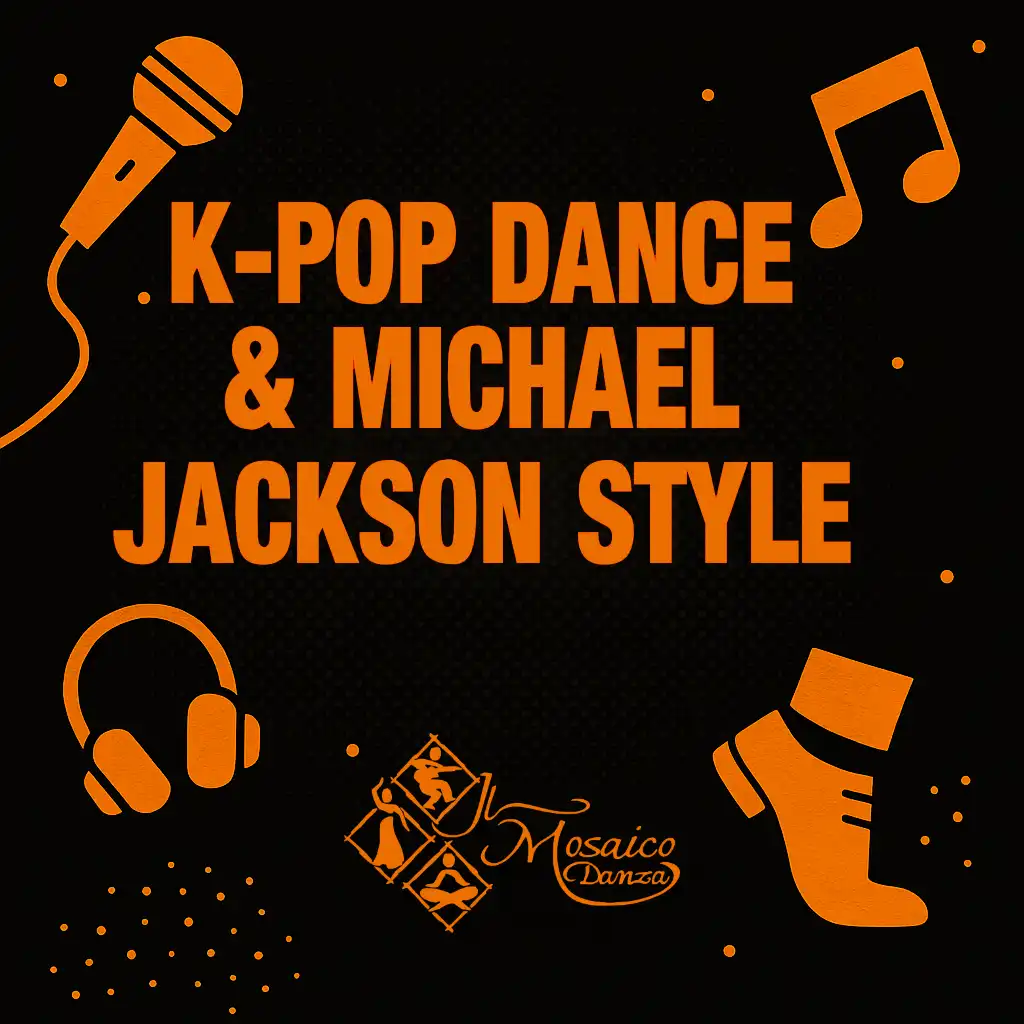 Grafica promozionale per il corso K-Pop Dance & Michael Jackson Style a Milano: testo arancione su sfondo nero con microfono stilizzato, cuffie, nota musicale e silhouette di scarpa MJ