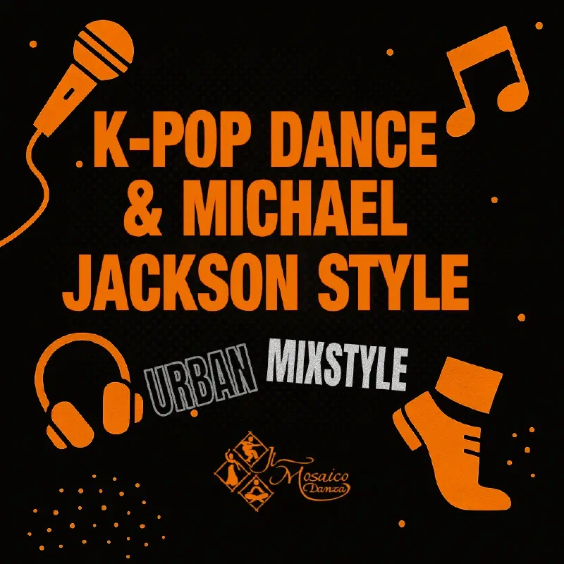 Grafica promozionale per il corso di Urban Mixstyle Dance a Milano: testo arancione su sfondo nero con microfono stilizzato, cuffie, nota musicale e silhouette di scarpa MJ