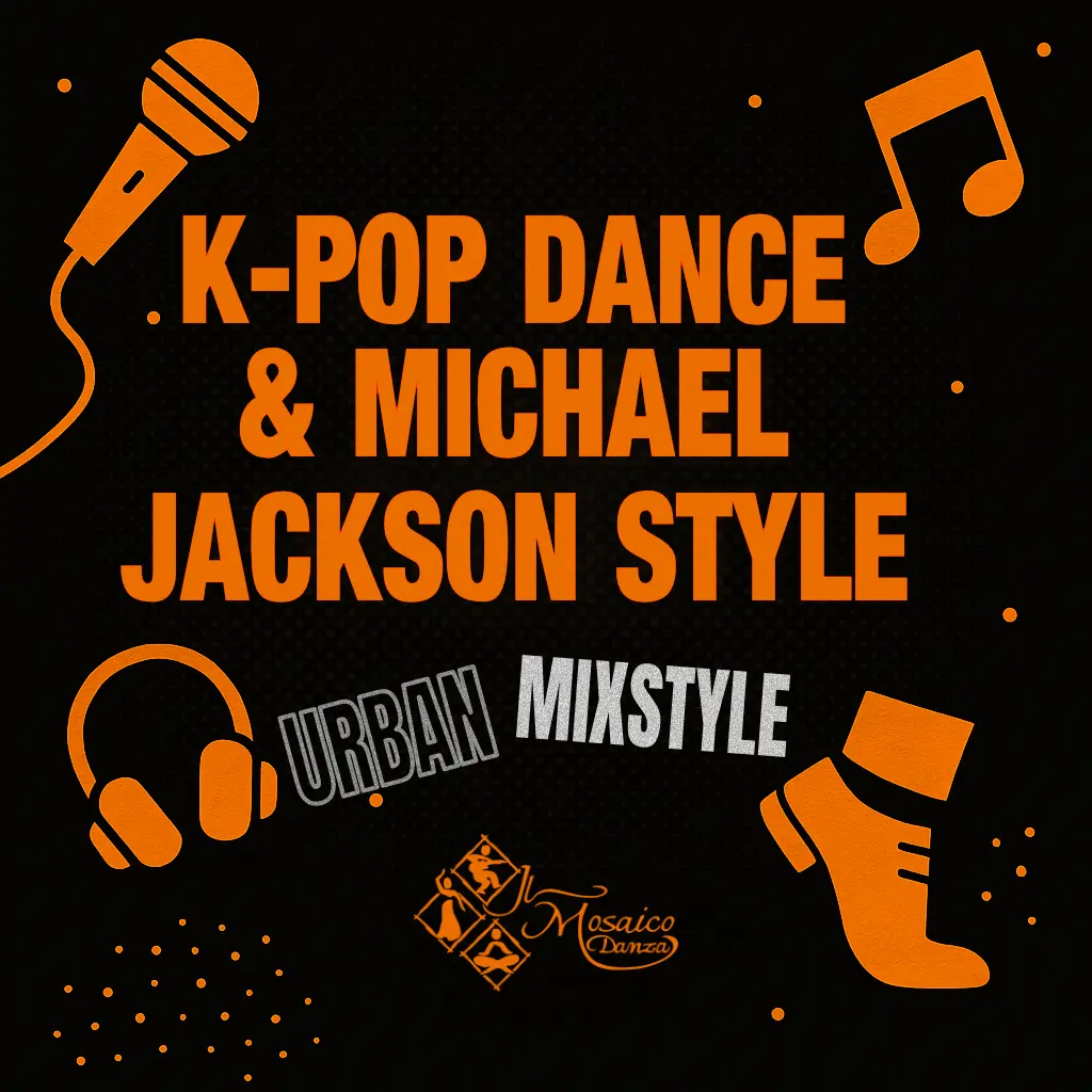 Grafica promozionale per il corso di Urban Mixstyle Dance a Milano: testo arancione su sfondo nero con microfono stilizzato, cuffie, nota musicale e silhouette di scarpa MJ