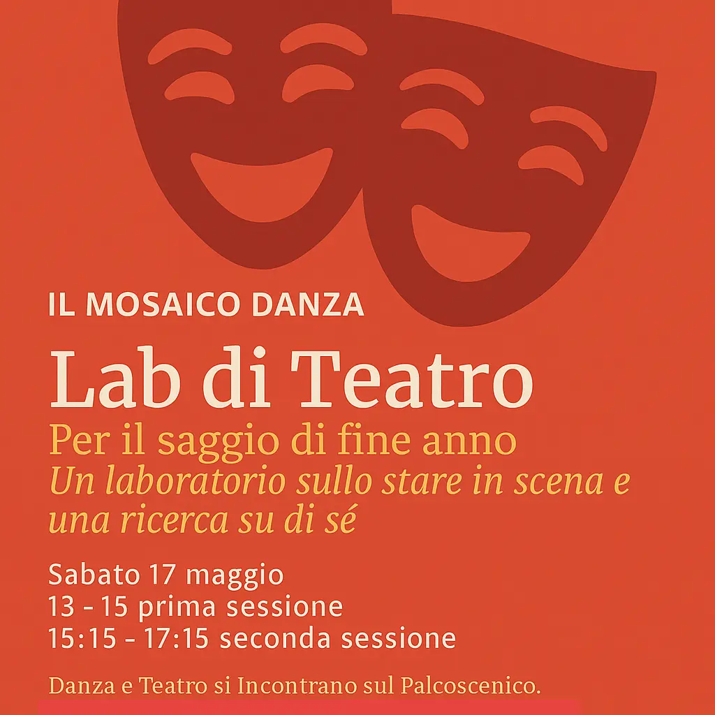 Grafica promozionale per il Laboratorio di Teatro del Mosaico Danza con maschere teatrali stilizzate e dettagli dell'evento
