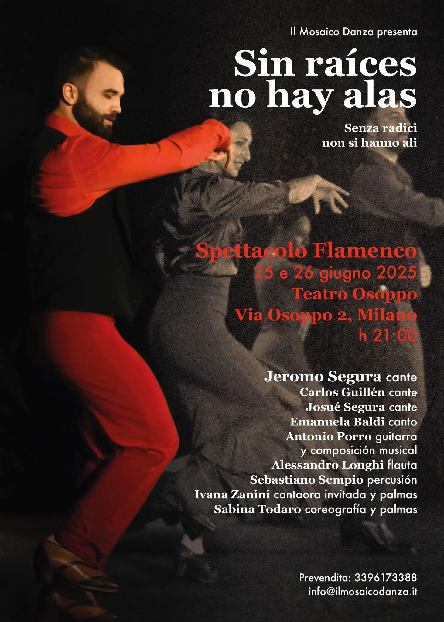 Locandina dello spettacolo di flamenco "Sin raíces no hay alas" con un ballerino e una ballerina in una posa di danza passionale. La grafica include i nomi degli artisti e i dettagli dell'evento: 25-26 giugno 2025 al Teatro Osoppo di Milano
