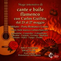 Grafica promozionale per lo Stage Intensivo di Flamenco a Milano con Carlos Guillén dal 23 al 27 maggio 2026 organizzato da. Mosaico Danza. Mostra chitarra, rosa e ventaglio flamenco